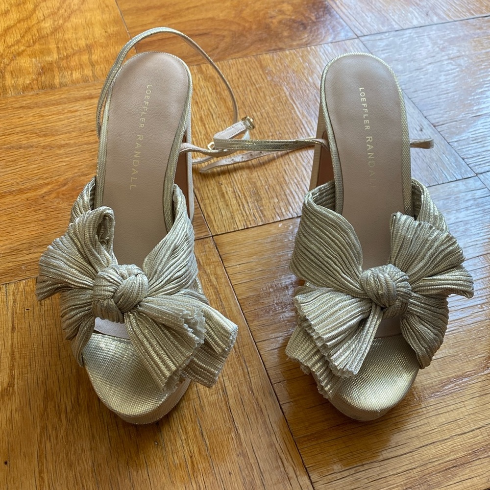 Loeffler Randall gold/beige Natalia 115MM Pleated Bow Platform Sandals.